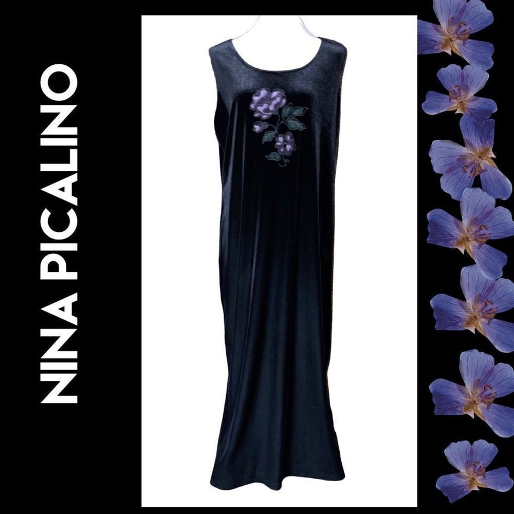 Nina Piccalino Women Maxi Dress Sleeveless Velvet Floral Black L/XL-vintage-EUC